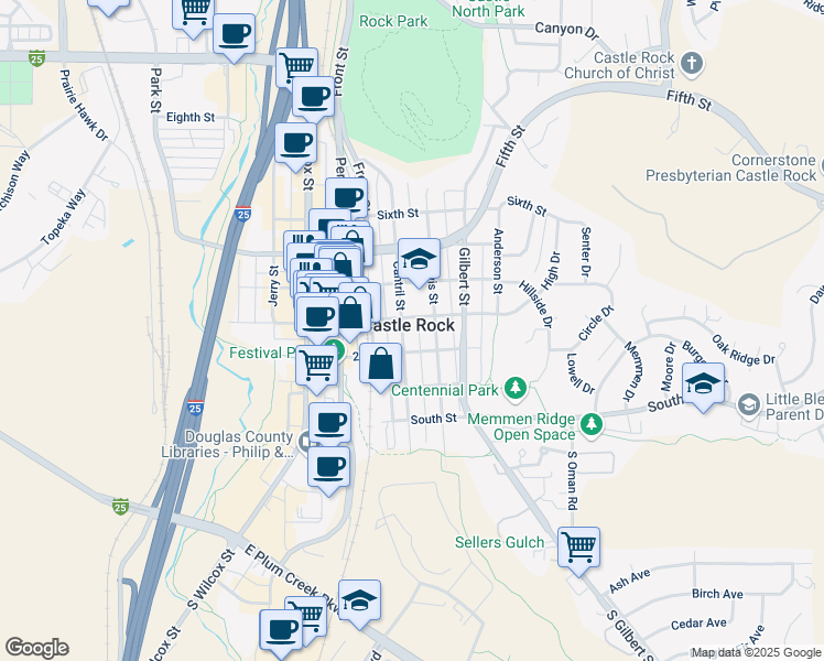 map of restaurants, bars, coffee shops, grocery stores, and more near 216 Cantril Street in Castle Rock