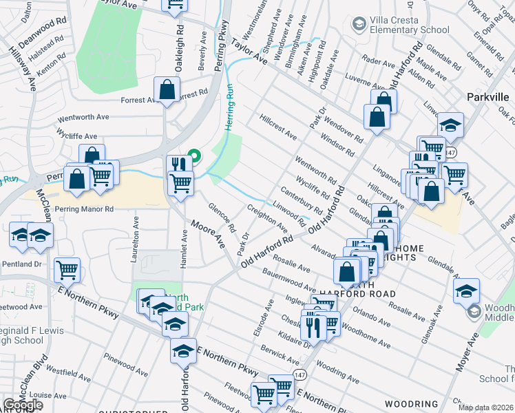 map of restaurants, bars, coffee shops, grocery stores, and more near 7200 Park Drive in Parkville