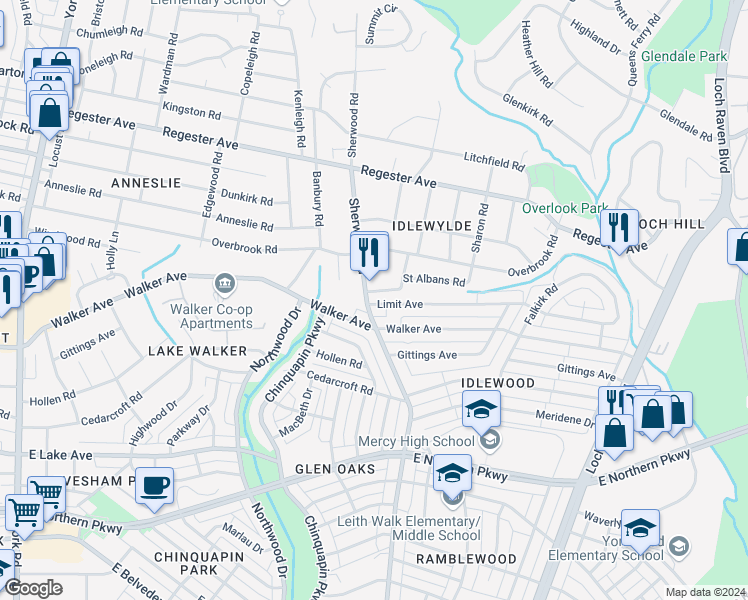 map of restaurants, bars, coffee shops, grocery stores, and more near 6301 Sherwood Road in Baltimore