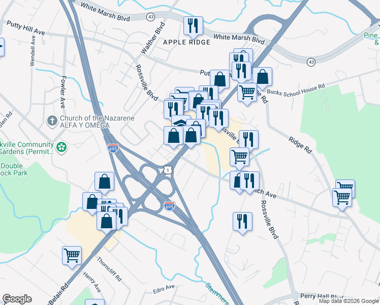 map of restaurants, bars, coffee shops, grocery stores, and more near 7907 U.S. 1 in Nottingham