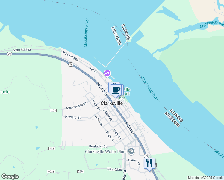map of restaurants, bars, coffee shops, grocery stores, and more near North 1st Street in Clarksville