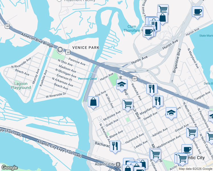 map of restaurants, bars, coffee shops, grocery stores, and more near 1222 Penrose Avenue in Atlantic City