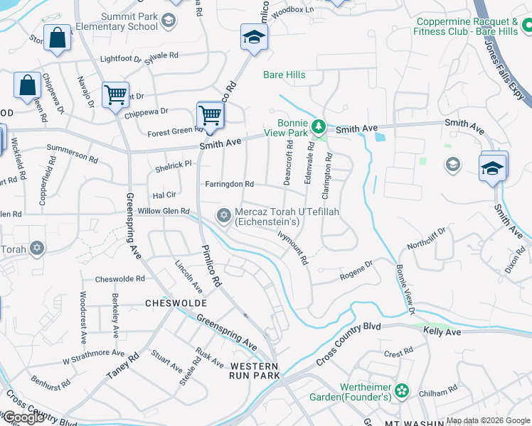 map of restaurants, bars, coffee shops, grocery stores, and more near 2303 Hanway Road in Baltimore