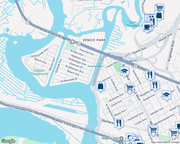 map of restaurants, bars, coffee shops, grocery stores, and more near 1417 North Arkansas Avenue in Atlantic City