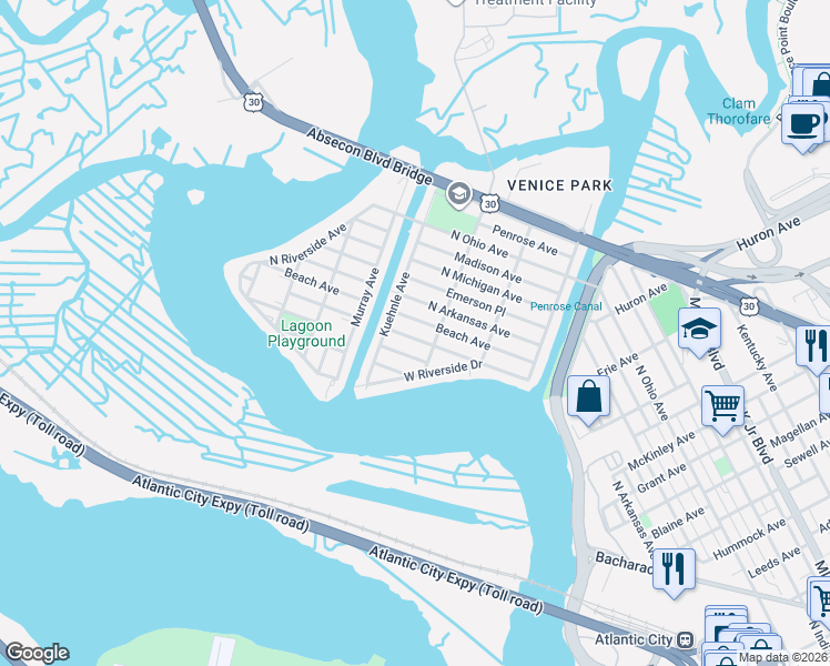 map of restaurants, bars, coffee shops, grocery stores, and more near 1612 North Missouri Avenue in Atlantic City