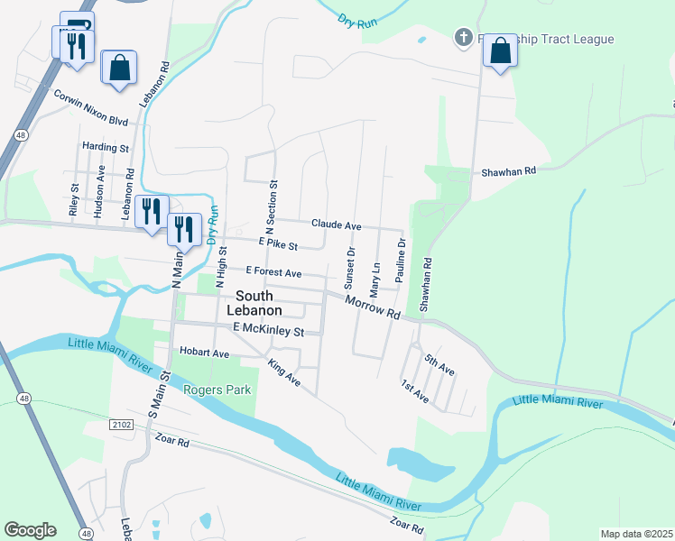 map of restaurants, bars, coffee shops, grocery stores, and more near 278 East Forest Avenue in South Lebanon