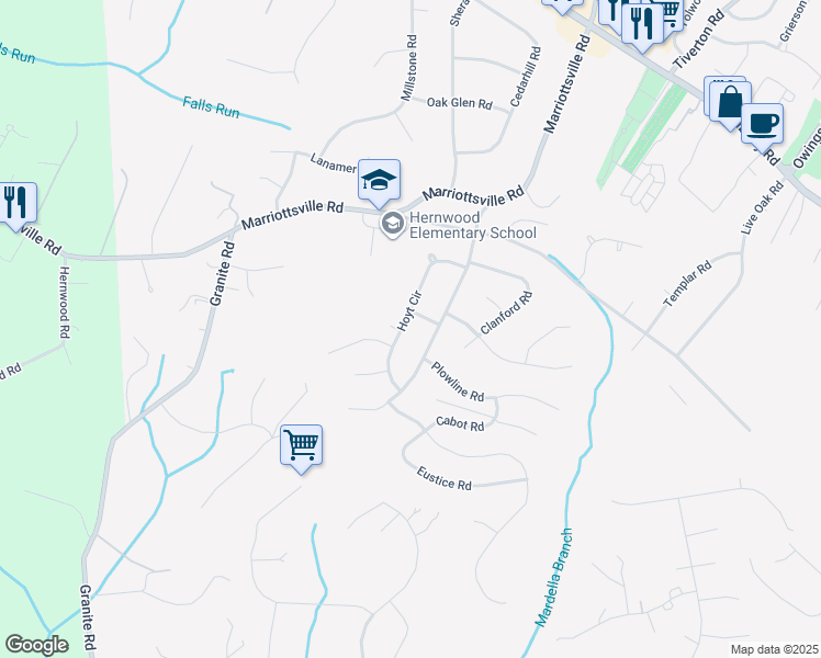 map of restaurants, bars, coffee shops, grocery stores, and more near 9933 Hoyt Circle in Randallstown
