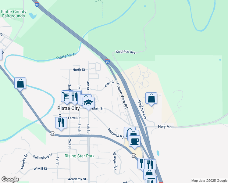 map of restaurants, bars, coffee shops, grocery stores, and more near 21 South Vine View Street in Platte City