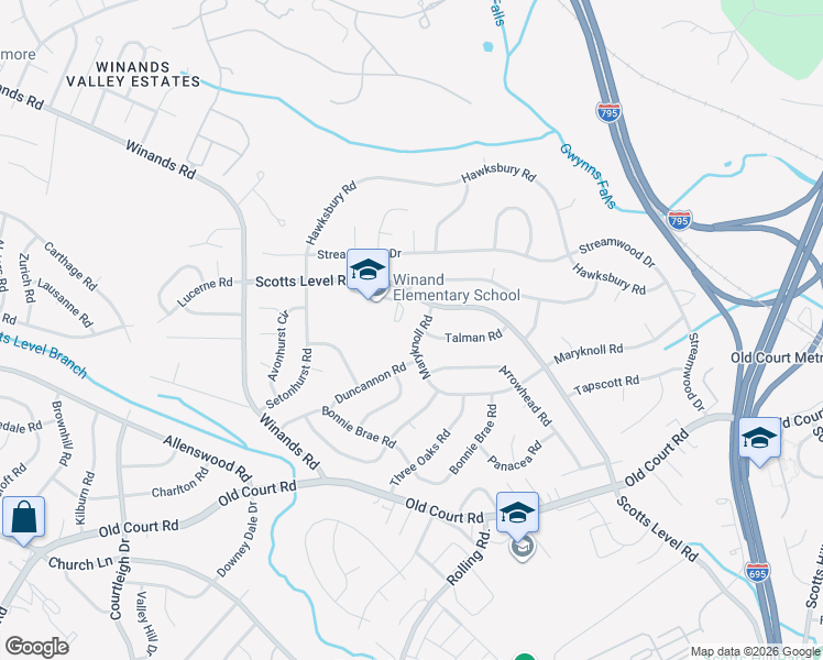 map of restaurants, bars, coffee shops, grocery stores, and more near 4739 Maryknoll Road in Pikesville