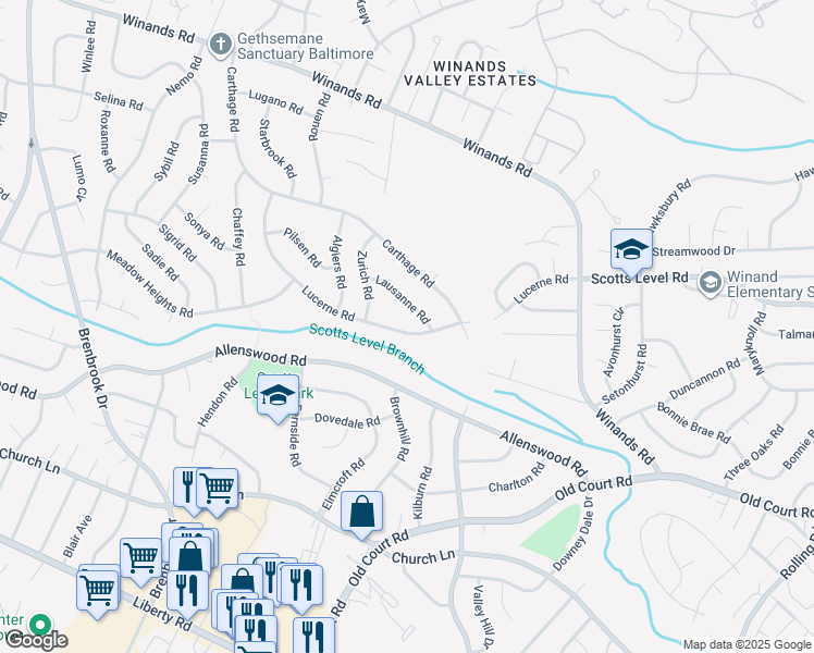 map of restaurants, bars, coffee shops, grocery stores, and more near 8516 Lucerne Road in Randallstown