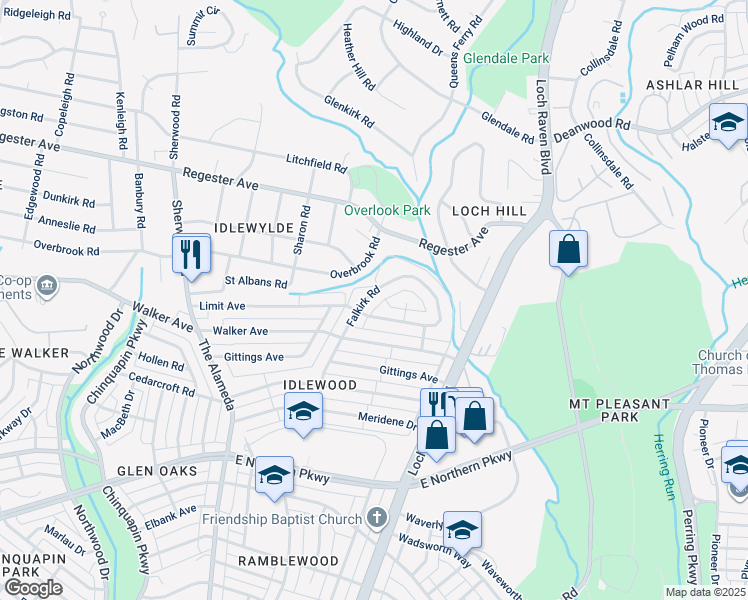 map of restaurants, bars, coffee shops, grocery stores, and more near 6415 Falkirk Road in Baltimore