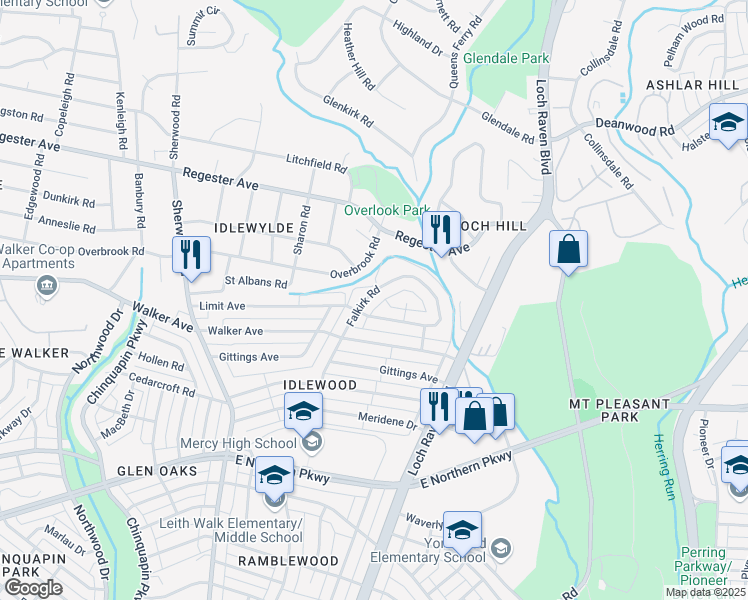 map of restaurants, bars, coffee shops, grocery stores, and more near 6415 Falkirk Road in Baltimore