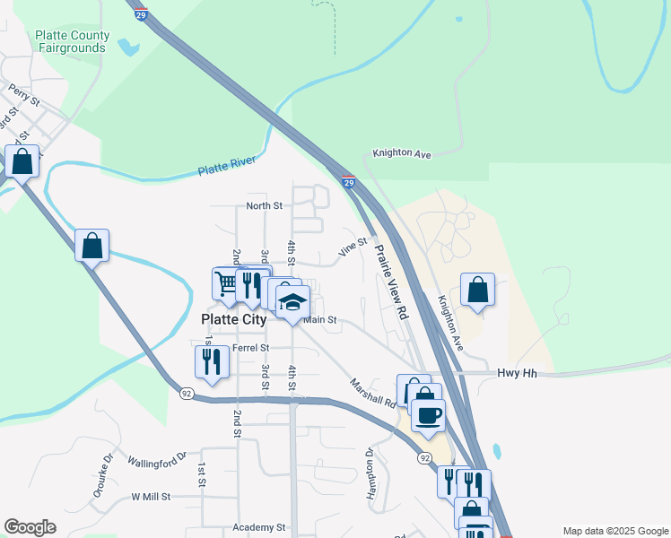 map of restaurants, bars, coffee shops, grocery stores, and more near 509 Vine Street in Platte City
