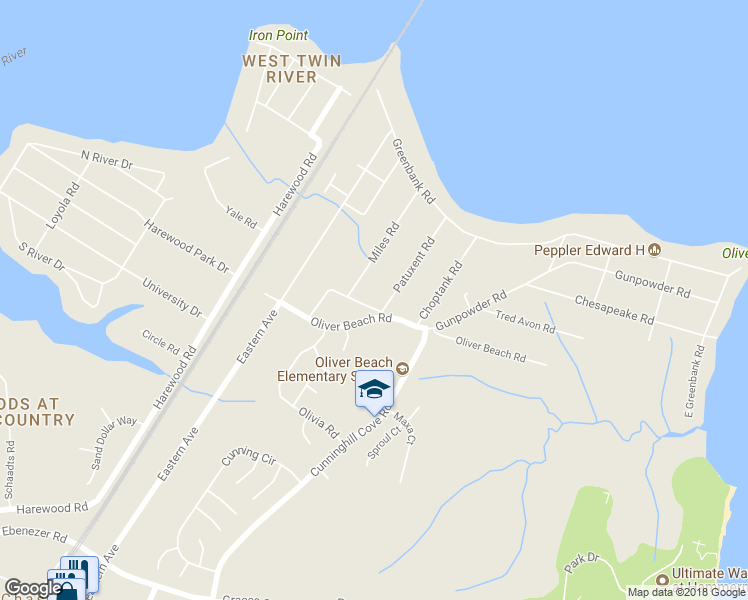 map of restaurants, bars, coffee shops, grocery stores, and more near 7108 Oliverwood Road in Middle River