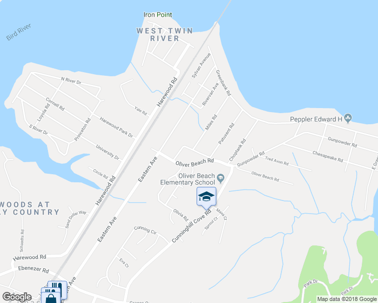 map of restaurants, bars, coffee shops, grocery stores, and more near 7035 Oliverwood Road in Middle River