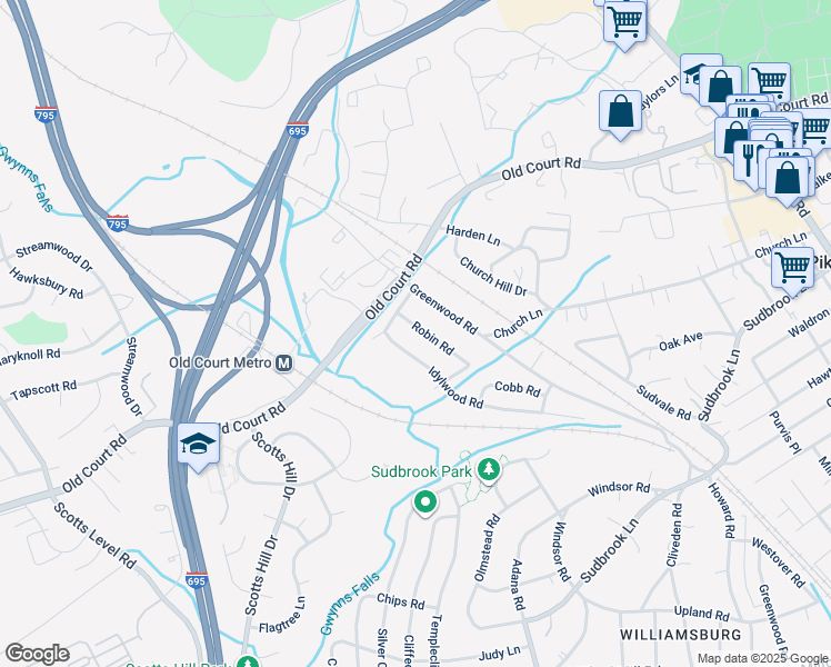 map of restaurants, bars, coffee shops, grocery stores, and more near 1318 Robin Road in Pikesville
