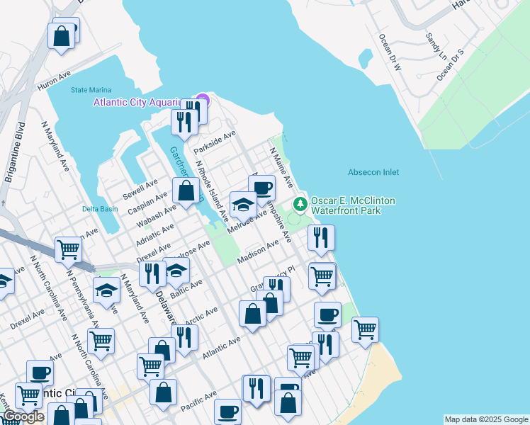 map of restaurants, bars, coffee shops, grocery stores, and more near 213 Melrose Avenue in Atlantic City