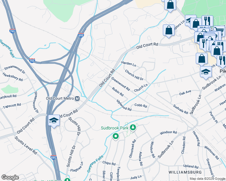 map of restaurants, bars, coffee shops, grocery stores, and more near 1318 Robin Road in Pikesville
