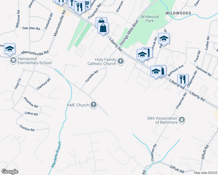 map of restaurants, bars, coffee shops, grocery stores, and more near 3651 Waterwheel Square in Randallstown