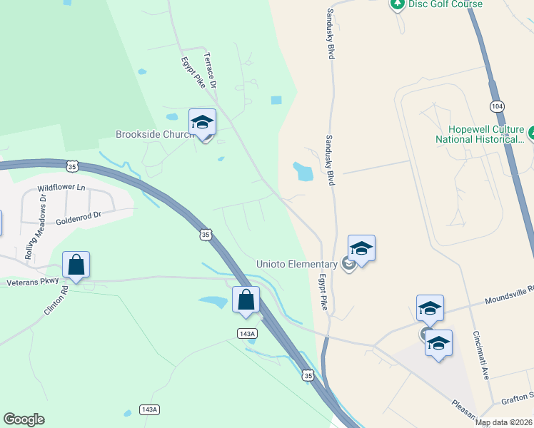 map of restaurants, bars, coffee shops, grocery stores, and more near 45 Custer Drive in Chillicothe