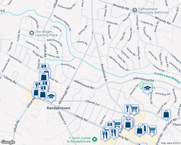 map of restaurants, bars, coffee shops, grocery stores, and more near 8908 Maplebrook Road in Randallstown