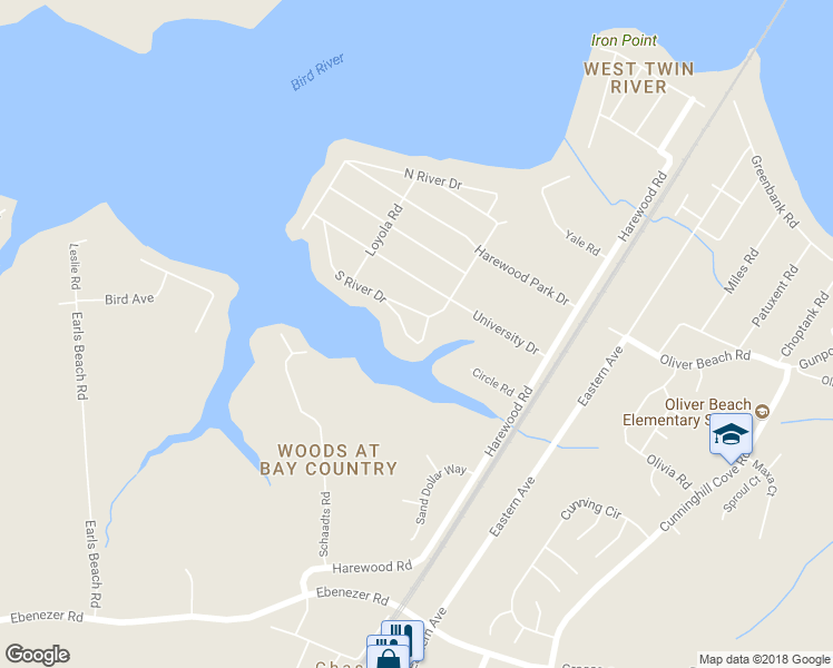 map of restaurants, bars, coffee shops, grocery stores, and more near 6840 South River Drive in Middle River