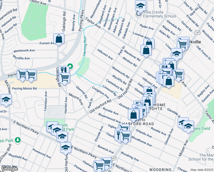 map of restaurants, bars, coffee shops, grocery stores, and more near 2604 Linwood Road in Parkville
