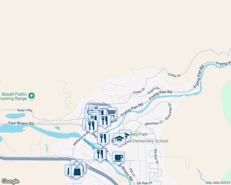 map of restaurants, bars, coffee shops, grocery stores, and more near 51-127 Ridge Rd in Basalt
