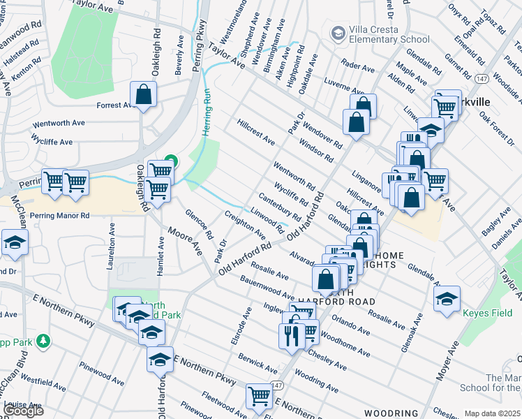 map of restaurants, bars, coffee shops, grocery stores, and more near 2604 Linwood Road in Parkville