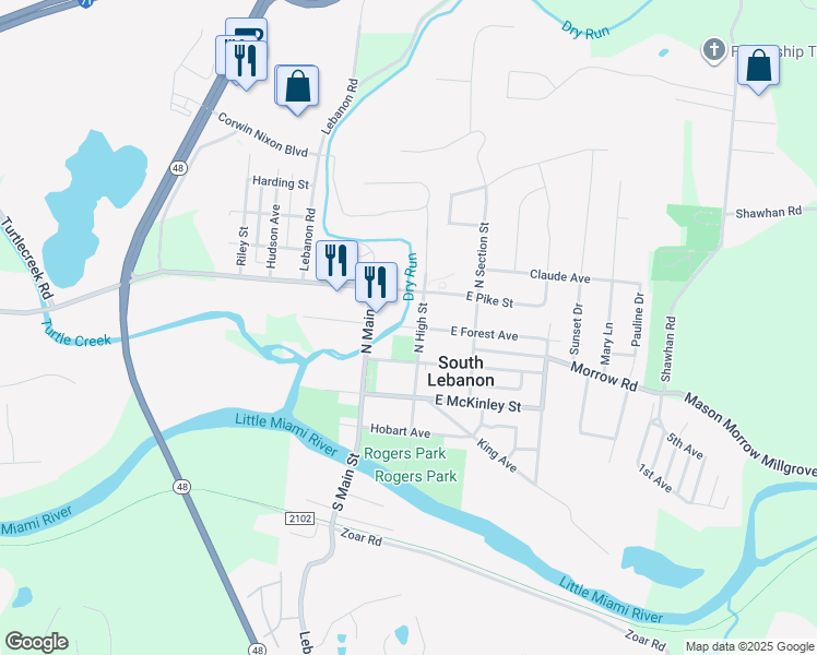 map of restaurants, bars, coffee shops, grocery stores, and more near 120 North Main Street in South Lebanon