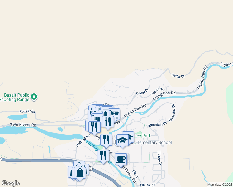 map of restaurants, bars, coffee shops, grocery stores, and more near 51-127 Ridge Rd in Basalt