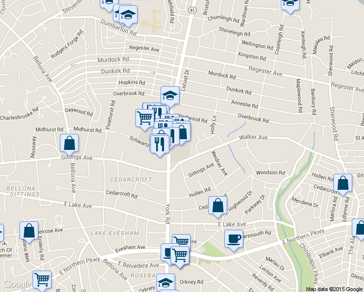 map of restaurants, bars, coffee shops, grocery stores, and more near 6313 York Road in Baltimore
