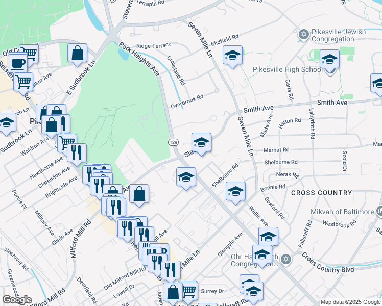 map of restaurants, bars, coffee shops, grocery stores, and more near Slade Avenue in Baltimore
