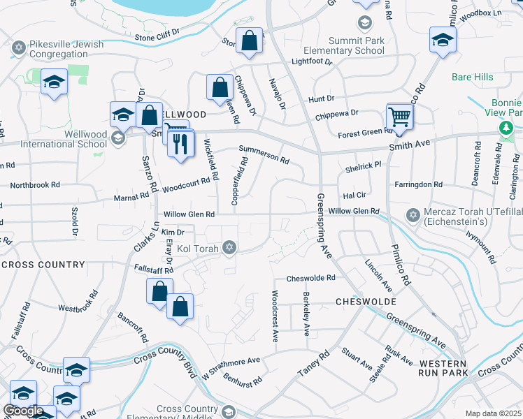 map of restaurants, bars, coffee shops, grocery stores, and more near 2602 Willow Glen Drive in Baltimore