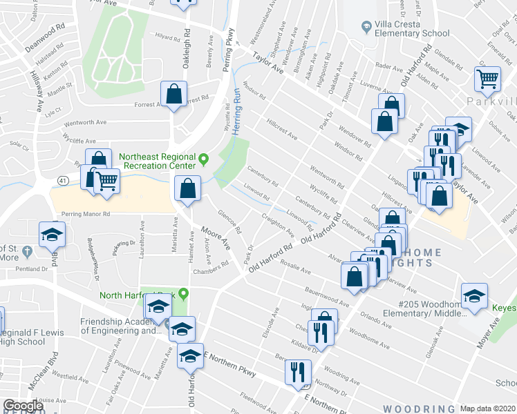 map of restaurants, bars, coffee shops, grocery stores, and more near 2524 Creighton Avenue in Parkville