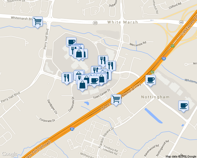 map of restaurants, bars, coffee shops, grocery stores, and more near 8149 Honeygo Blvd in White Marsh