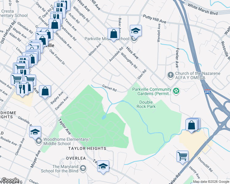 map of restaurants, bars, coffee shops, grocery stores, and more near 3333 Garnet Road in Parkville