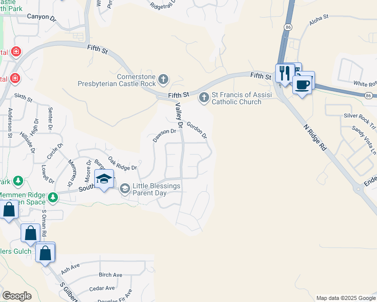 map of restaurants, bars, coffee shops, grocery stores, and more near 236 Johnson Court in Castle Rock
