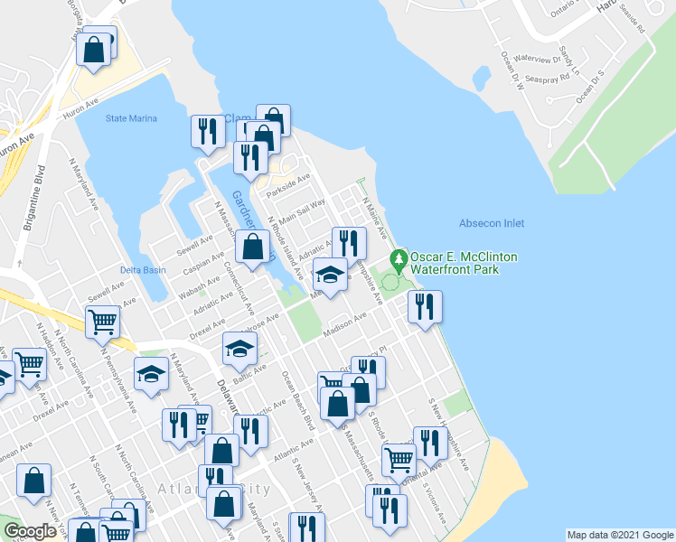 map of restaurants, bars, coffee shops, grocery stores, and more near 213 Melrose Avenue in Atlantic City