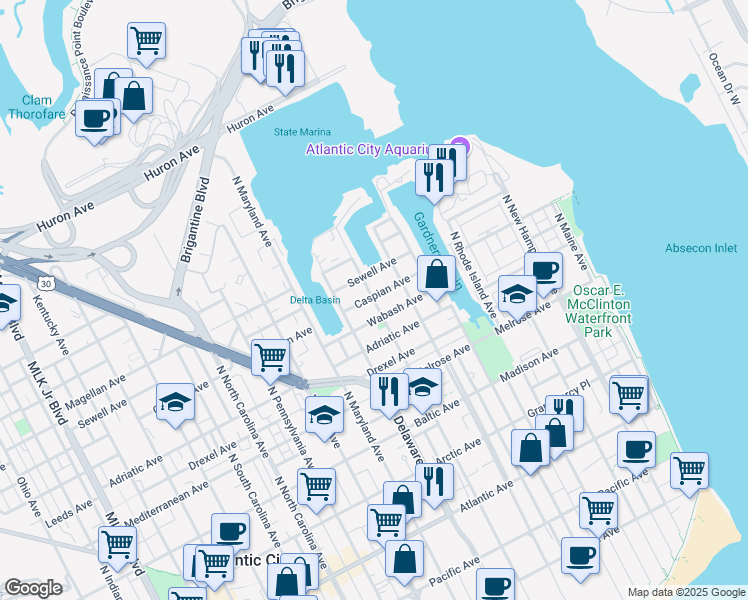 map of restaurants, bars, coffee shops, grocery stores, and more near 483 North New Jersey Avenue in Atlantic City