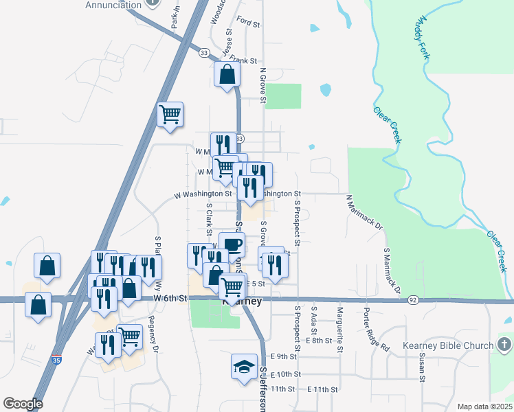 map of restaurants, bars, coffee shops, grocery stores, and more near 104 South Grove Street in Kearney