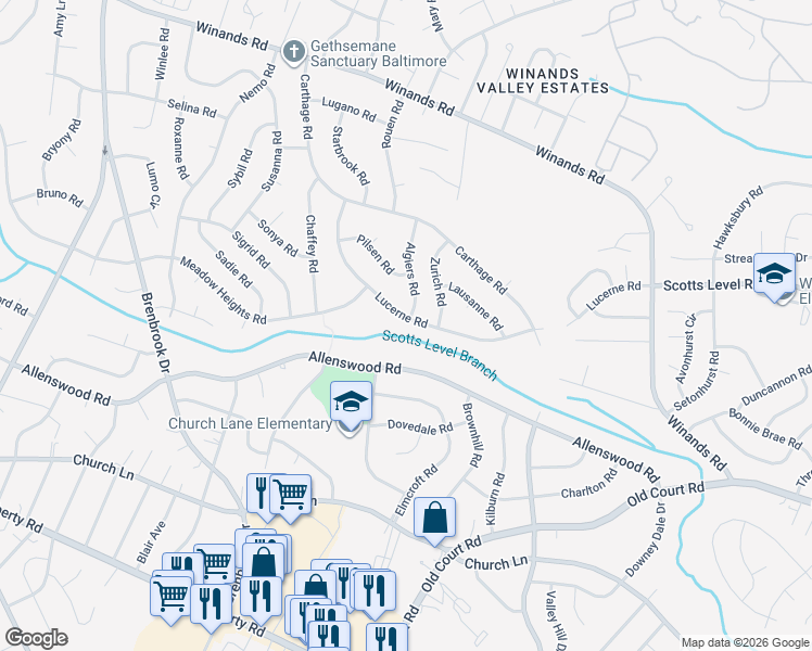 map of restaurants, bars, coffee shops, grocery stores, and more near 8543 Lucerne Road in Randallstown