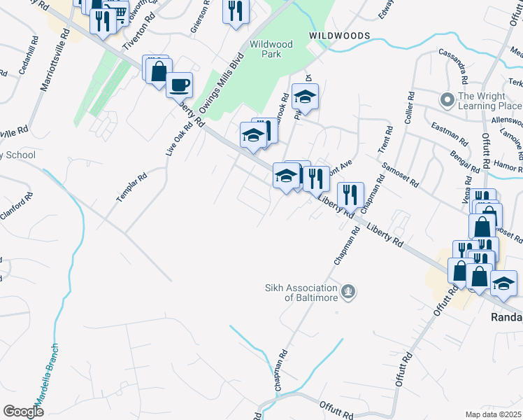 map of restaurants, bars, coffee shops, grocery stores, and more near 9302 Silver Charm Drive in Randallstown