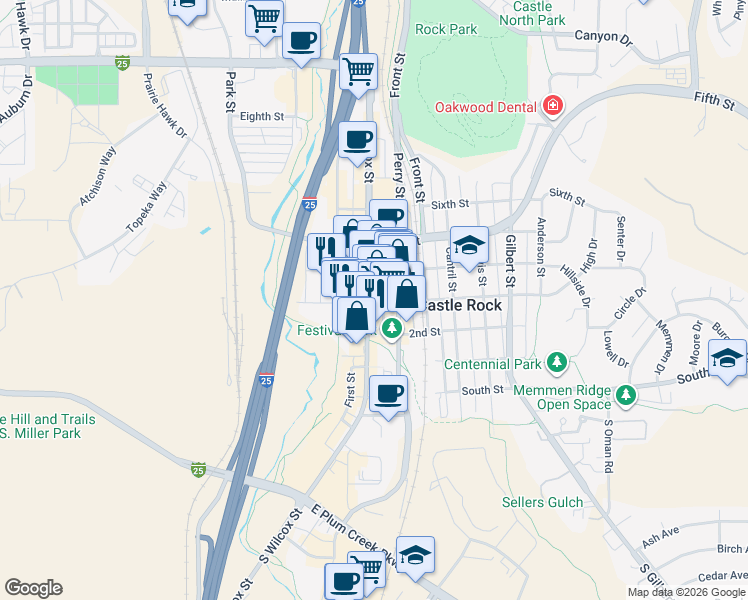 map of restaurants, bars, coffee shops, grocery stores, and more near 300 Wilcox Street in Castle Rock
