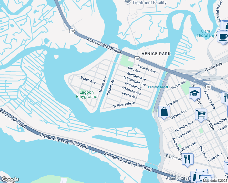 map of restaurants, bars, coffee shops, grocery stores, and more near 1612 North Missouri Avenue in Atlantic City