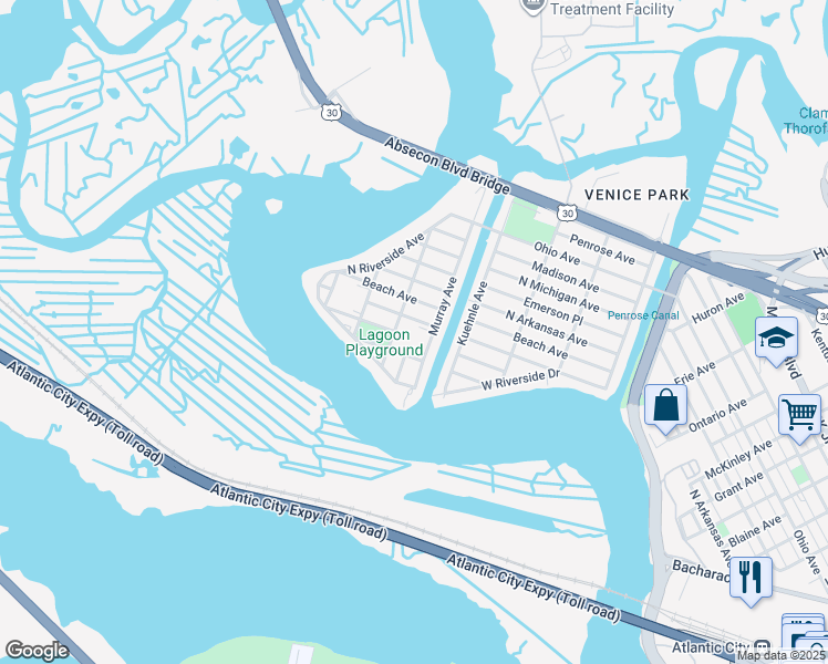 map of restaurants, bars, coffee shops, grocery stores, and more near 1801 North Mississippi Avenue in Atlantic City