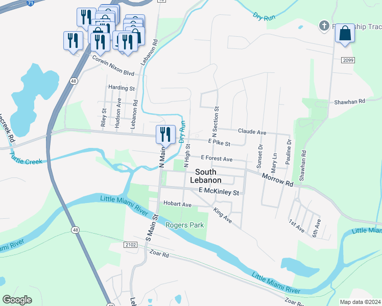 map of restaurants, bars, coffee shops, grocery stores, and more near 109 East Forest Avenue in South Lebanon