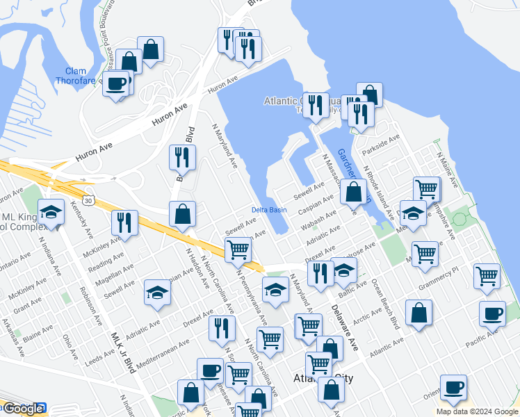 map of restaurants, bars, coffee shops, grocery stores, and more near 555 North Maryland Avenue in Atlantic City