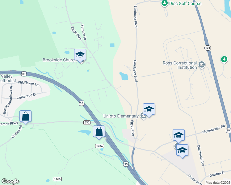 map of restaurants, bars, coffee shops, grocery stores, and more near 45 Custer Drive in Chillicothe