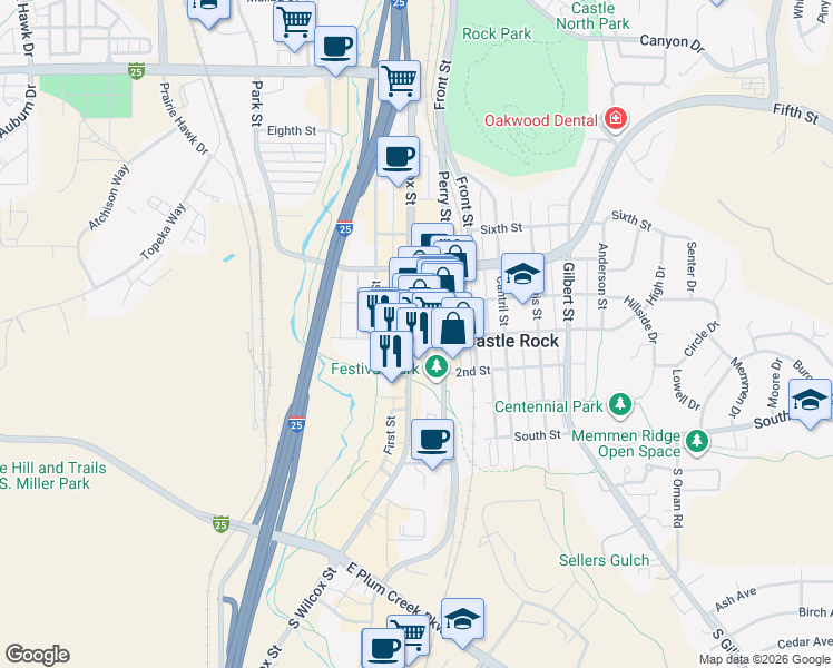 map of restaurants, bars, coffee shops, grocery stores, and more near 300 Wilcox Street in Castle Rock